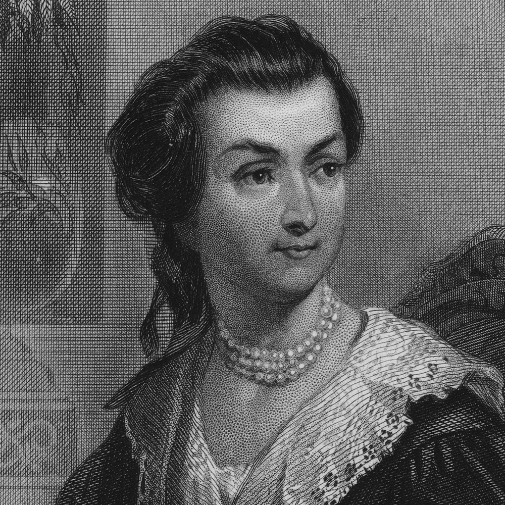 Black-and-white engraved portrait of Abigail Adams wearing a pearl necklace and colonial-era dress.