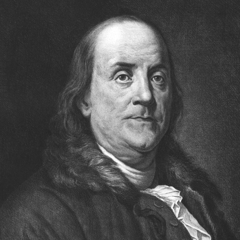 Black-and-white engraved portrait of Benjamin Franklin facing forward in colonial attire.