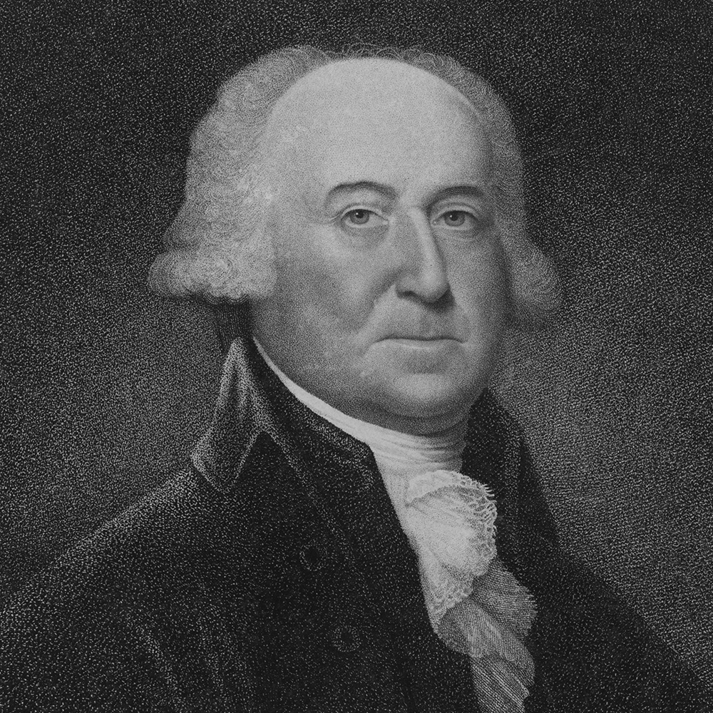 Black-and-white engraved portrait of John Adams in a powdered wig and formal colonial clothing.