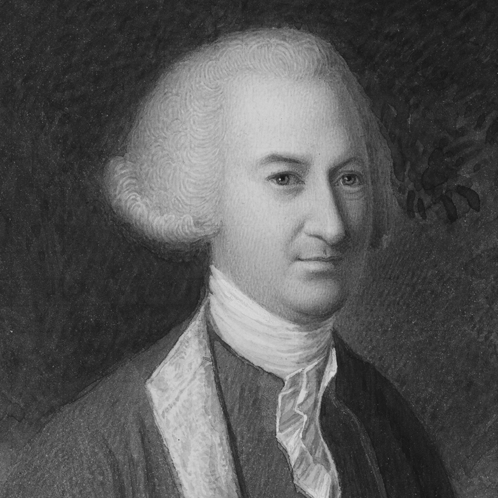Black-and-white painted portrait of John Dickinson wearing a powdered wig and colonial-era coat.